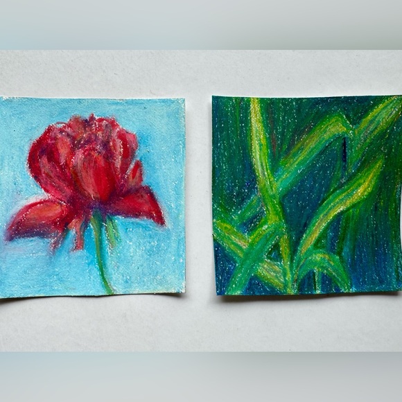 Handmade Art Hand Crafted Artwork Pair Red Flower & Grass Thumbnail Drawing Set - Picture 1 of 5